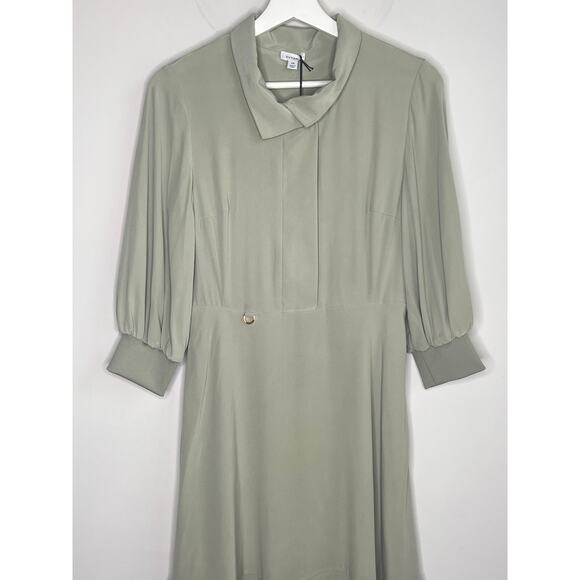 Cuyana Funnel Neck Silk Puff Sleeve Collared Midi Dress Green Women's XS NWT - Picture 3 of 13